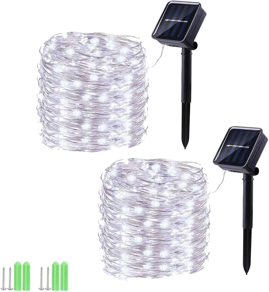 Solar String Lights, 2 Pack Total 110Ft 300 LED Solar Fairy Lights, 8 Modes Waterproof Copper Wire Solar Powered Outdoor Lights for Patio Tree Garden Yard Weeding Party Outdoor Decorations (White)