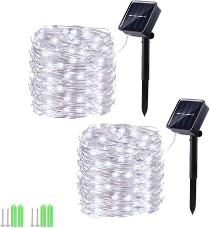 Solar String Lights, 2 Pack Total 110Ft 300 LED Solar Fairy Lights, 8 Modes Waterproof Copper Wire Solar Powered Outdoor Lights for Patio Tree Garden Yard Weeding Party Outdoor Decorations (White)