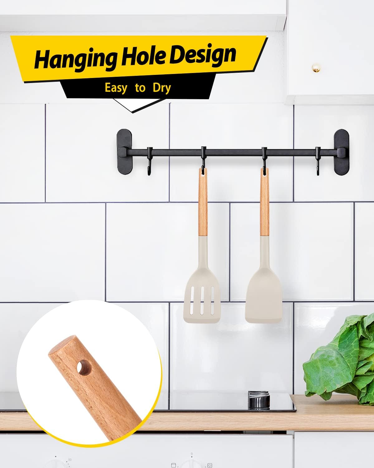 Silicone Cooking Spatula Set | Heat Resistant Turner | Non Stick Kitchen Spatula | Wooden Handle Cooking Tool | Frying Baking Utensils - PuriLite