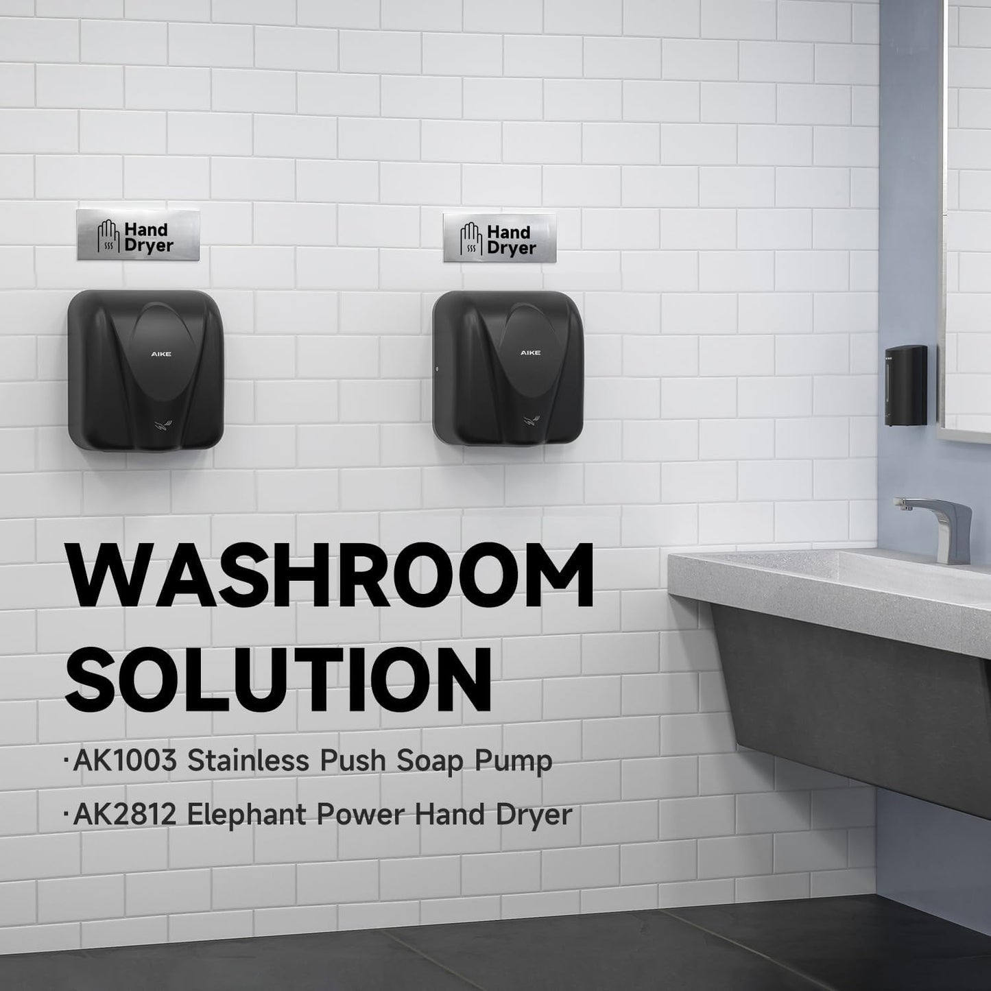 AIKE Elephant Power Commercial Hand Dryer High Speed Auto Warm Wind, Matte Black Thermoset Cover AC110V-130V Model AK2812