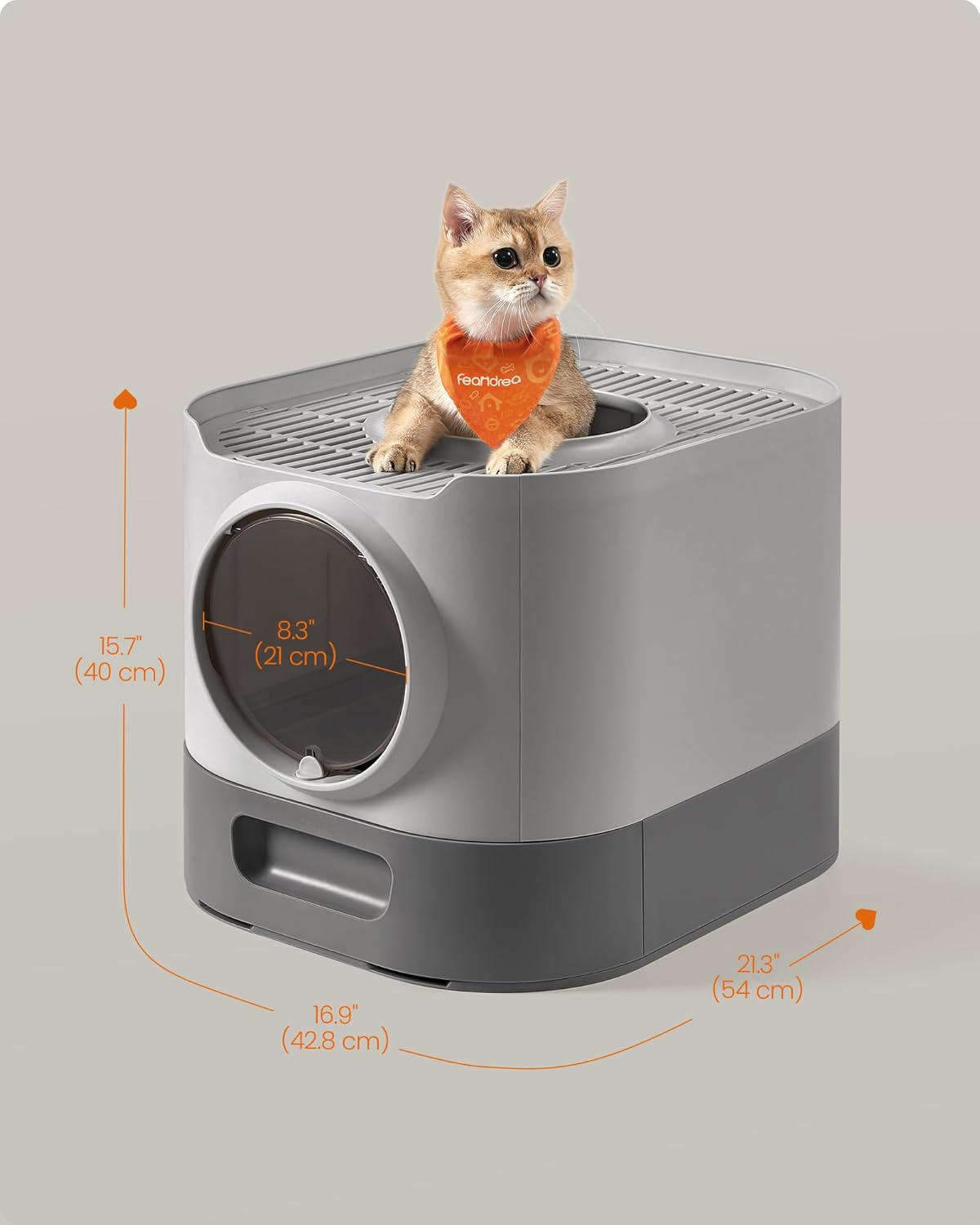Feandrea Cat Litter Box with Lid, XL Enclosed Litter Box with Slide-Out Tray, Scoop, Brush, for Large Cat, Anti-Tracking, Anti-Leaking, Dove Gray and Slat Gray UPPT002B01