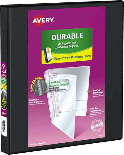 Avery Durable View Binder, 1" Slant Rings, 220 Sheet Capacity, 3 Ring Binder, 2 Pockets, 12 Case Pack Binders, PVC Free, Black (500-34003)