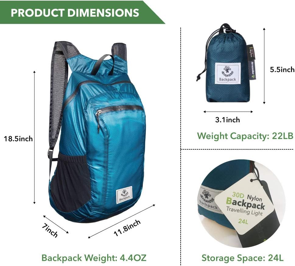 4Monster Hiking Daypack,Water Resistant Lightweight Packable Backpack for Travel Camping Outdoor