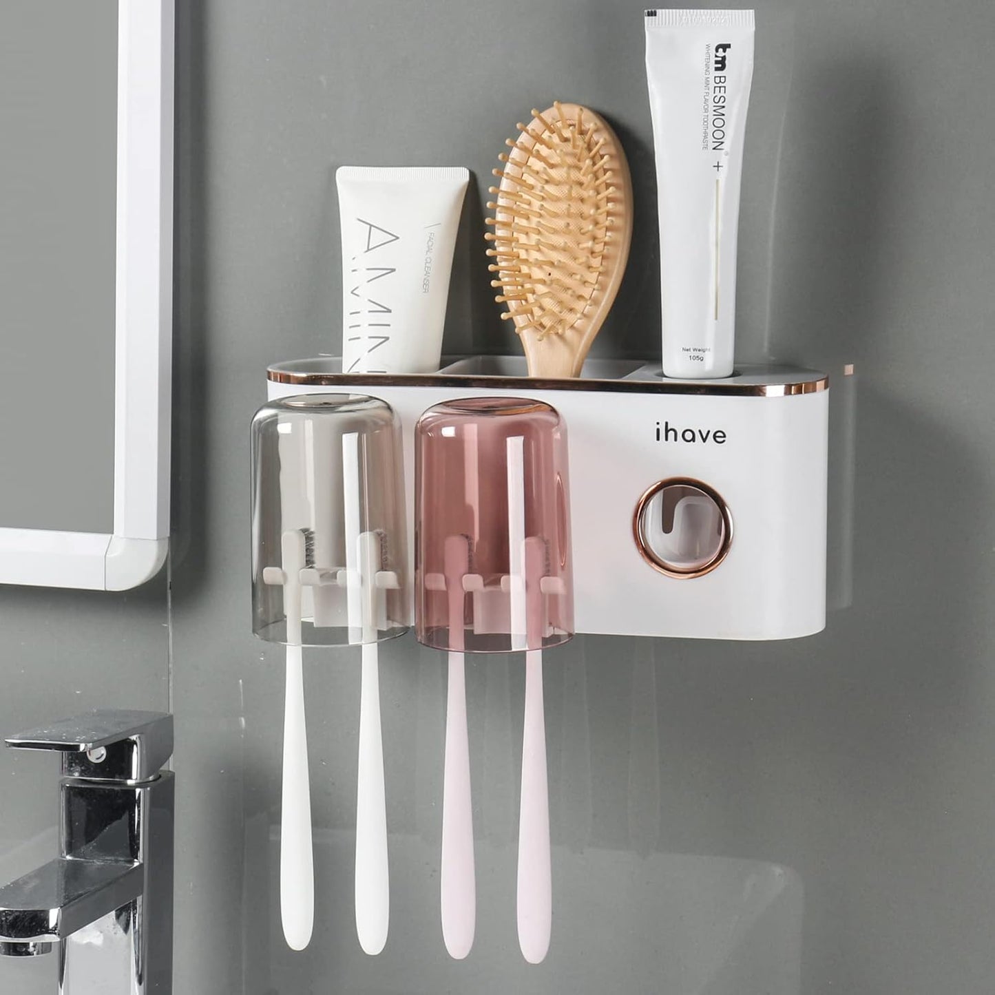 Wall-Mounted Toothbrush Holder with Toothpaste Dispenser and 2 Cups, Bathroom Organizer with Large Capacity Storage, White - PuriLite