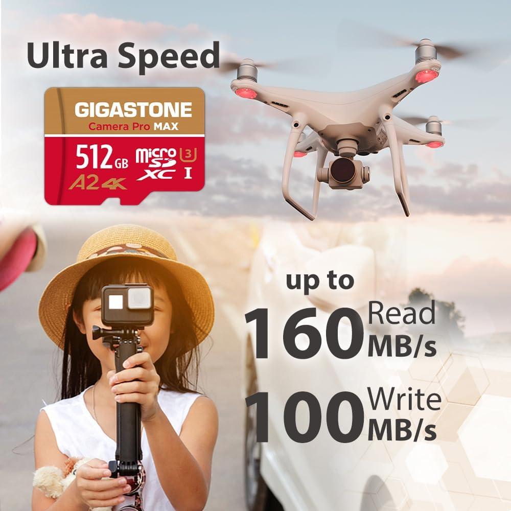 [5-Yrs Free Data Recovery] GIGASTONE 512GB Micro SD Card, 4K Camera Pro, A2 V30 for Smartphone, Gopro, Action Cams, 4K UHD Video Recording, R/W up to 150/120 MB/s, UHS-I U3 C10 Class 10 with Adapter