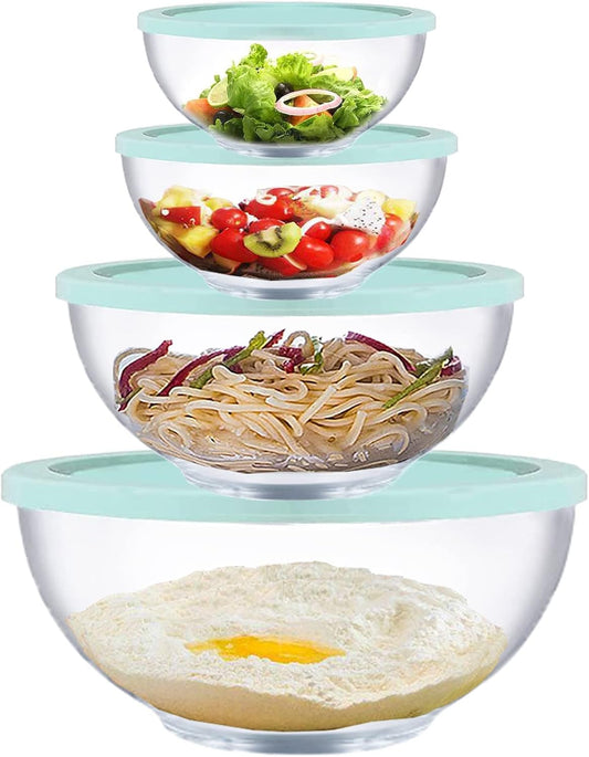 Glass Mixing Bowl Set with Lids, 4 Pieces Glass Salad Bowl Set with Lids (0.6QT, 1.1QT, 2.2QT,4QT) High Brosilicate Microwave Bowls for Kitchen Baking, Prepping Serving and Storage, Great Gift