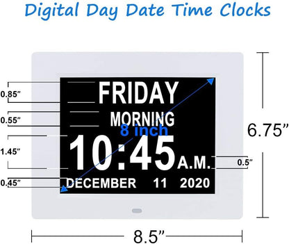[2025 Newest] Digital Day Calendar Clocks 3 Medicine Reminders Extra Large 8 Inch Non-Abbreviated Day Date Month Dementia Senior Clock for Eldarly Memory Loss Vision Impaired Clock