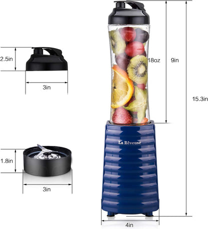 La Reveuse Smoothie Blender Personal Size 300 Watts with 2 Pieces 18 oz BPA-Free Travel Sports Bottles,Grey