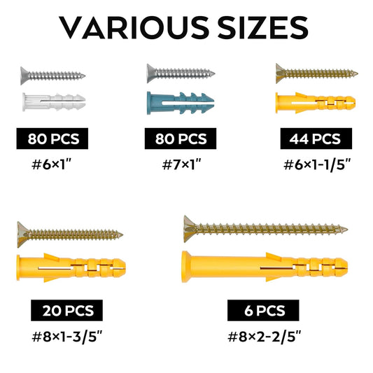 INCLY 230 PCS Drywall Anchors and Screws Assortment Kit,115 Plastic Self Drilling Wall Anchors for Drywall and 115 Flat Head Screw,5 Sizes Heavy Duty Galvanized Screw and Wall Plug Bolts with Box - PuriLite
