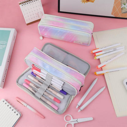 Big Capacity Pencil Case, OLIYuMi 3 Compartment Pencil Pouch Pencil Bag Storage Box Stationery Organizer Makeup Bag with Zipper Closure for Student Office College Boys and Girls (Pink)