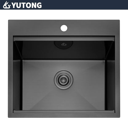 Yutong 16" x 20" Top-Mount/Drop in SS304 Stainless Steel Kitchen Black Sink Single Bowl Without Grid