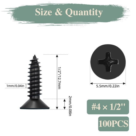 GOHODOMINO #4 x 1/2" Wood Screw 100Pcs, Stainless Steel 304 (18-8) Screws Flat Head Phillips Fast Self Tapping Drywall Screws Black Oxide - PuriLite
