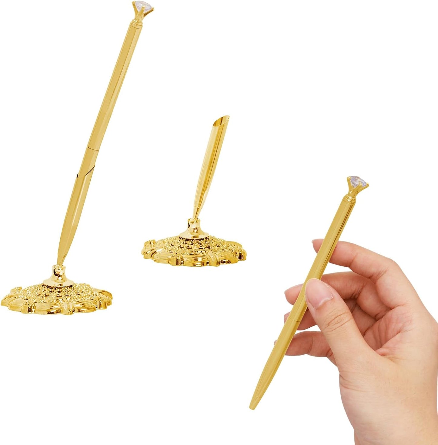 Bcxfbxd 2 Pcs Hollow Round Pen Holder with Diamond Metal Pen Stand Holder Set Signing Pen Set Signing Desk Ballpoint Pens for Guest Book Wedding Birthday Graduation Teacher Office Business (Gold)