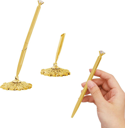 Bcxfbxd 2 Pcs Hollow Round Pen Holder with Diamond Metal Pen Stand Holder Set Signing Pen Set Signing Desk Ballpoint Pens for Guest Book Wedding Birthday Graduation Teacher Office Business (Gold)