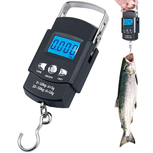 [Backlit LCD Display] Electronic Balance Digital Fishing Hook Hanging Scale 110lb/50kg 10g for luggage weighing, family shopping, fishing and other outdoor activities 2 AAA Batteries Included (Circular)