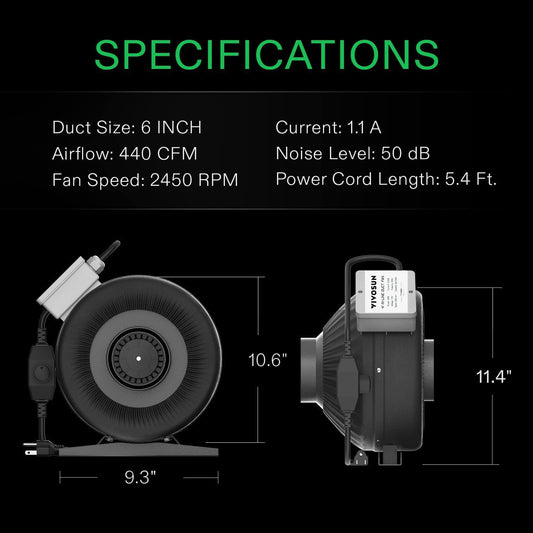 VIVOSUN Z6 6 Inch Inline Duct Fan, 440 CFM Ventilation Fan with Variable Speed Controller for Grow Tent, Indoor Garden Ventilation, Black - PuriLite