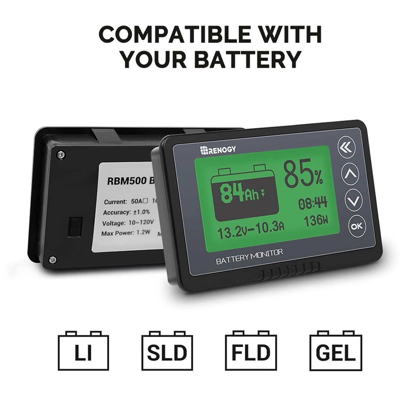 Renogy 500A Battery Monitor, High and Low Voltage Programmable Alarm, Voltage Range 10V-120V and up to 500A, Compatible with 12V Lithium Sealed, Gel, Flooded Batteries