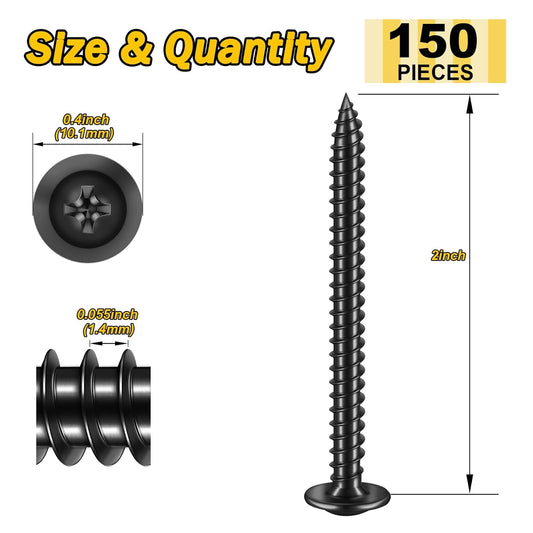 150Pcs #8 × 2" Black Screws for Wood, Phillips Truss Head Wood Screws, Quick Metal Self Tapping, Zinc Plated Steel, Truss Head Screws by Mywish - PuriLite