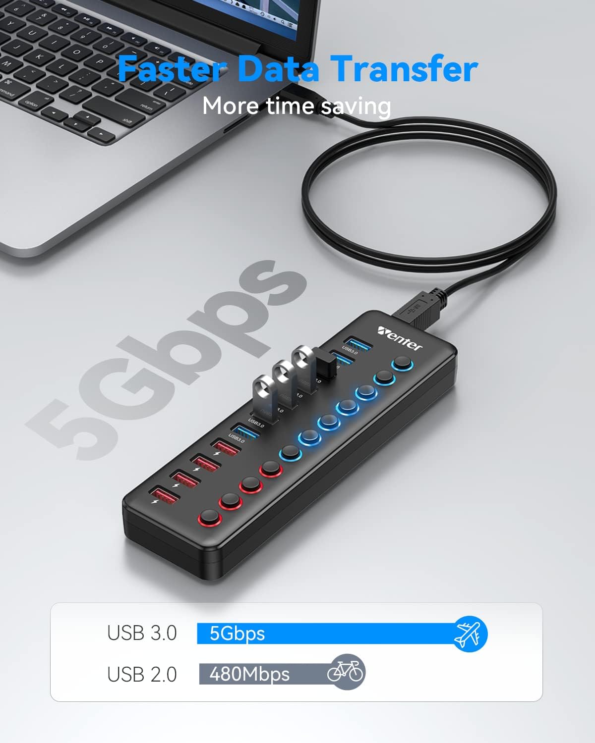 Powered USB 3.0 Hub, WENTER 11-Port USB Data Hub Splitter with Individual On/Off Switches and 12V/3A Power Adapter for MacBook,Mac Pro/Mini and More(7 USB3.0 Ports + 4 Charging Ports)