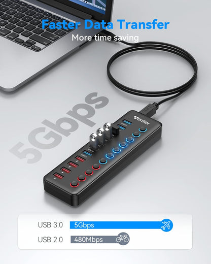 Powered USB 3.0 Hub, WENTER 11-Port USB Data Hub Splitter with Individual On/Off Switches and 12V/3A Power Adapter for MacBook,Mac Pro/Mini and More(7 USB3.0 Ports + 4 Charging Ports)