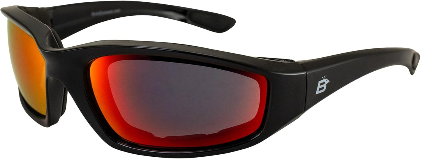 Birdz Eyewear Oriole Padded Motorcycle Riding Sunglasses Gloss Black Frames Red G-Tech Reflective Lenses