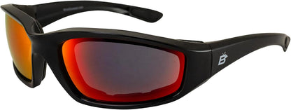 Birdz Eyewear Oriole Padded Motorcycle Riding Sunglasses Gloss Black Frames Red G-Tech Reflective Lenses