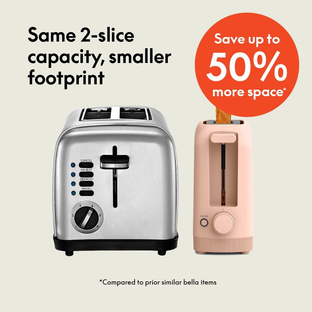bella 2 Slice Slim Toaster, Fits-anywhere™ Kitchenware, 6 Setting Shade Control with Reheat & Cancel Buttons, Fits sourdough, 10” Long Slot, Anti Jam & Auto Shutoff, 900 Watt, Surf