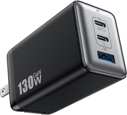 130W USB C Wall Charger,GaN III 3-Port Fast Charging Station,PD QC Foldable Charger Block Portable 65W USB C Laptop Adapter for MacBook Pro/Air,iPad Pro,Galaxy S23,Dell XPS 13,iPhone 15/Pro etc-Black