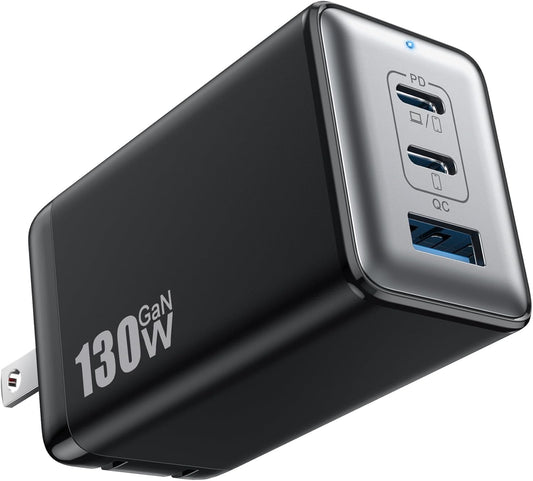 130W USB C Wall Charger,GaN III 3-Port Fast Charging Station,PD QC Foldable Charger Block Portable 65W USB C Laptop Adapter for MacBook Pro/Air,iPad Pro,Galaxy S23,Dell XPS 13,iPhone 15/Pro etc-Black