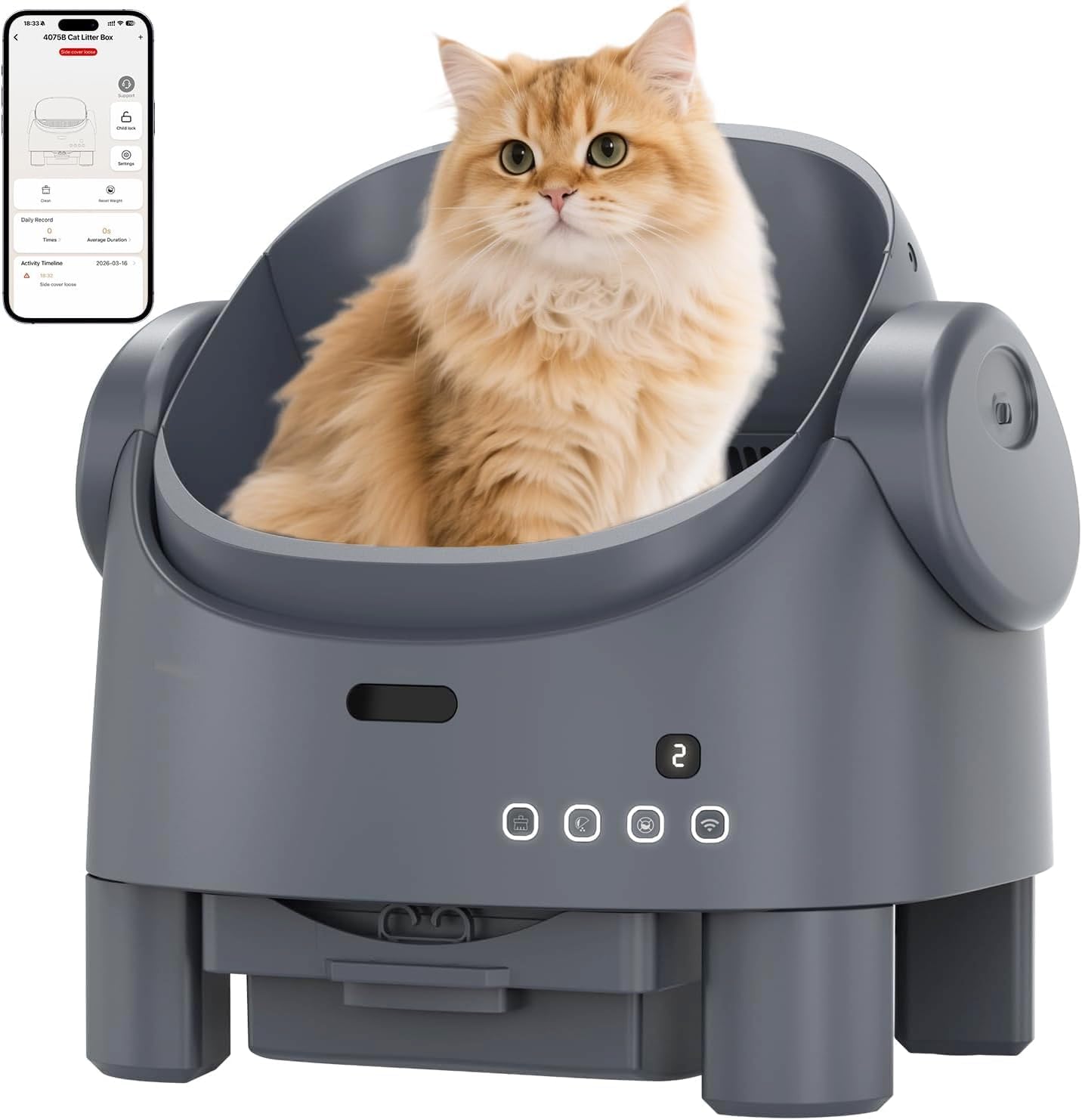 Open-Top Self-Cleaning Cat Litter Box, Automatic Cat Litter Box with APP Control, Odor-Free Waste Disposal Includes Trash Bags