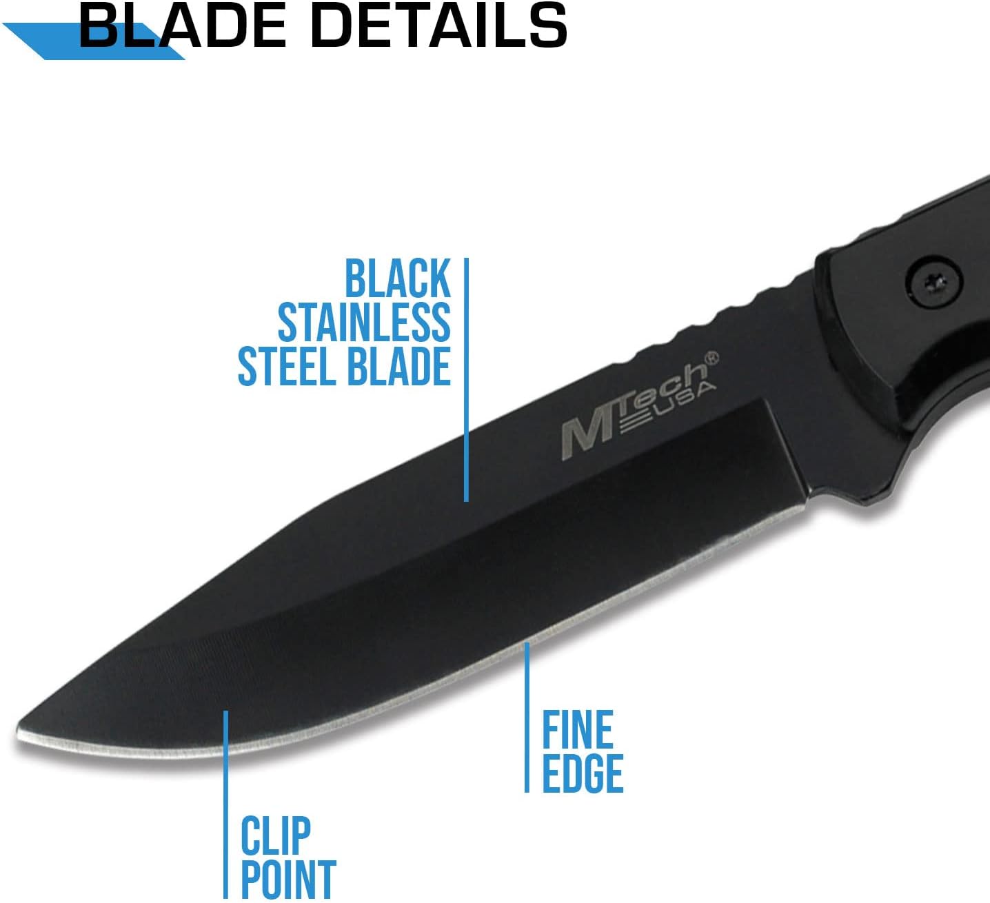 MTech USA MT-20-35 Series Fixed Blade Knife, Black Drop Point Blade, Plastic Handle, 8-Inch Overall