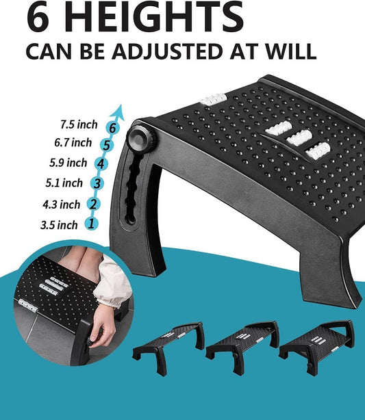 Adjustable Foot Rest Under Desk, Ergonomic Under Desk Foot Rest for Home & Office Use, Foot Stool Under Desk with Massage Surface, 6-Height Multi-Angle Foot Stool at Work, Ergonomic Posture Footrest