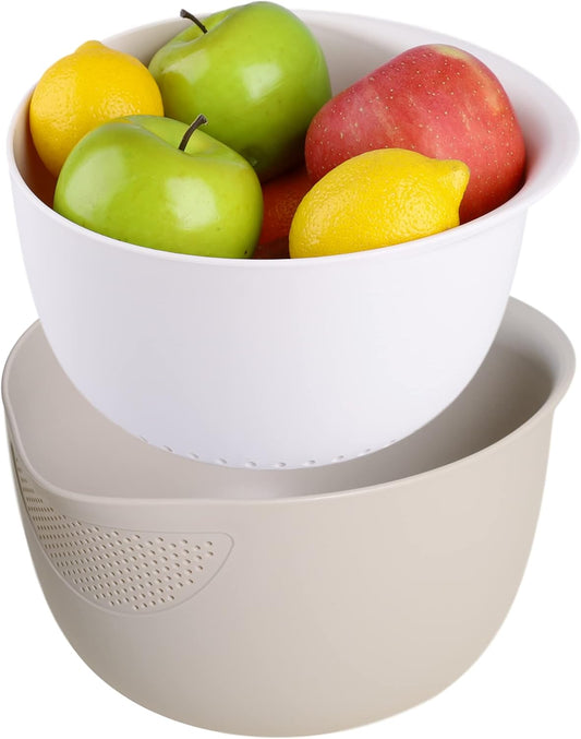 Blue Ginkgo Rice Washing Bowl and Colander Kitchen Set - Strain Rice, Quinoa and Small Grains - Soak, Wash and Drain Produce (4 Quart) - Cream and Limestone