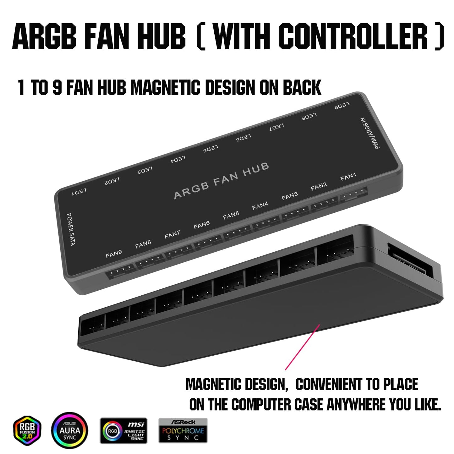 ARGB PWM Fan Hub, Addressable 5V-3PIN ARGB 12V 4PIN PWM 2-in-1 RGB Case Fan Hub SATA Power Input, 9 Fan Port and 9 LED Port, PC Fan hub Support 9 Computer ARGB PWM Fans Splitter