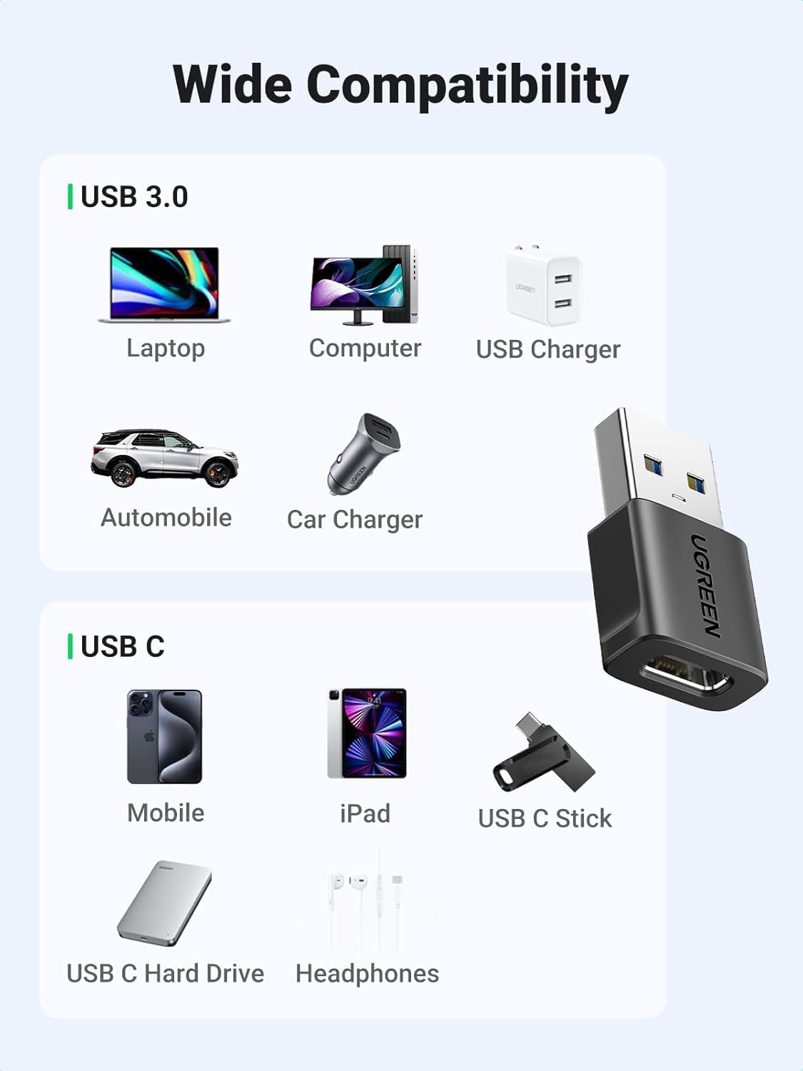 UGREEN USB to USB C Adapter 3 Pack, 10Gbps Data Transfer USB A to USB C Adapter Car Charger Adapter for iPad iPhone 16 15 Pro Max Galaxy S24 S23 Pad Air Mini, Car Play, PC/Laptop,Hard Drive Enclosure