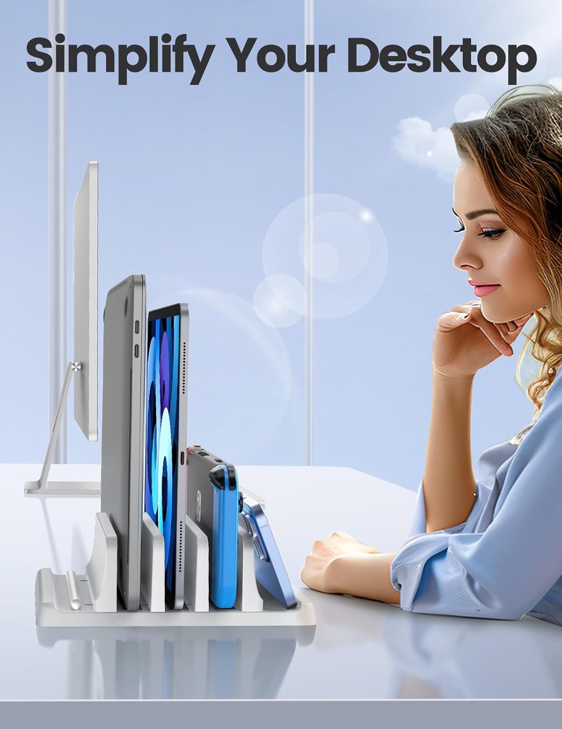 VAYDEER 3-Slot Vertical Laptop Stand Desk Organizer – Adjustable Space-Saving Holder for Laptops, Tablets & Phones, 5-in-1 Design - PuriLite