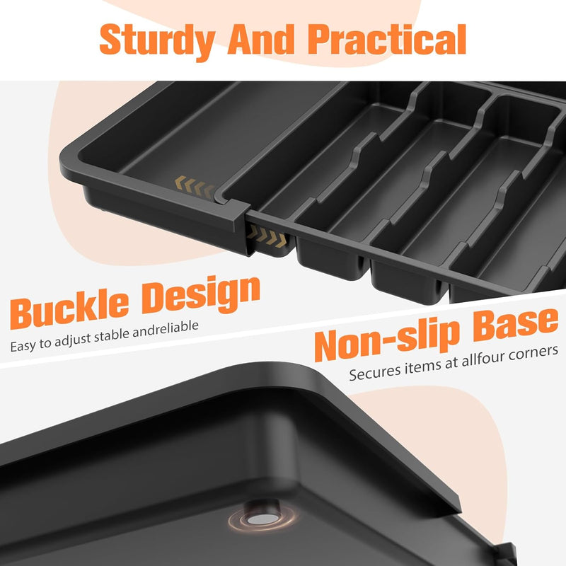 Ceecysaa Cutlery Tray Drawer Organizer with Removable knife blocks, Expandable Utensil Tray for Kitchen,Adjustable Plastic Storage and Storage Drawer Divider for Spoons Forks Knives,Large, Black