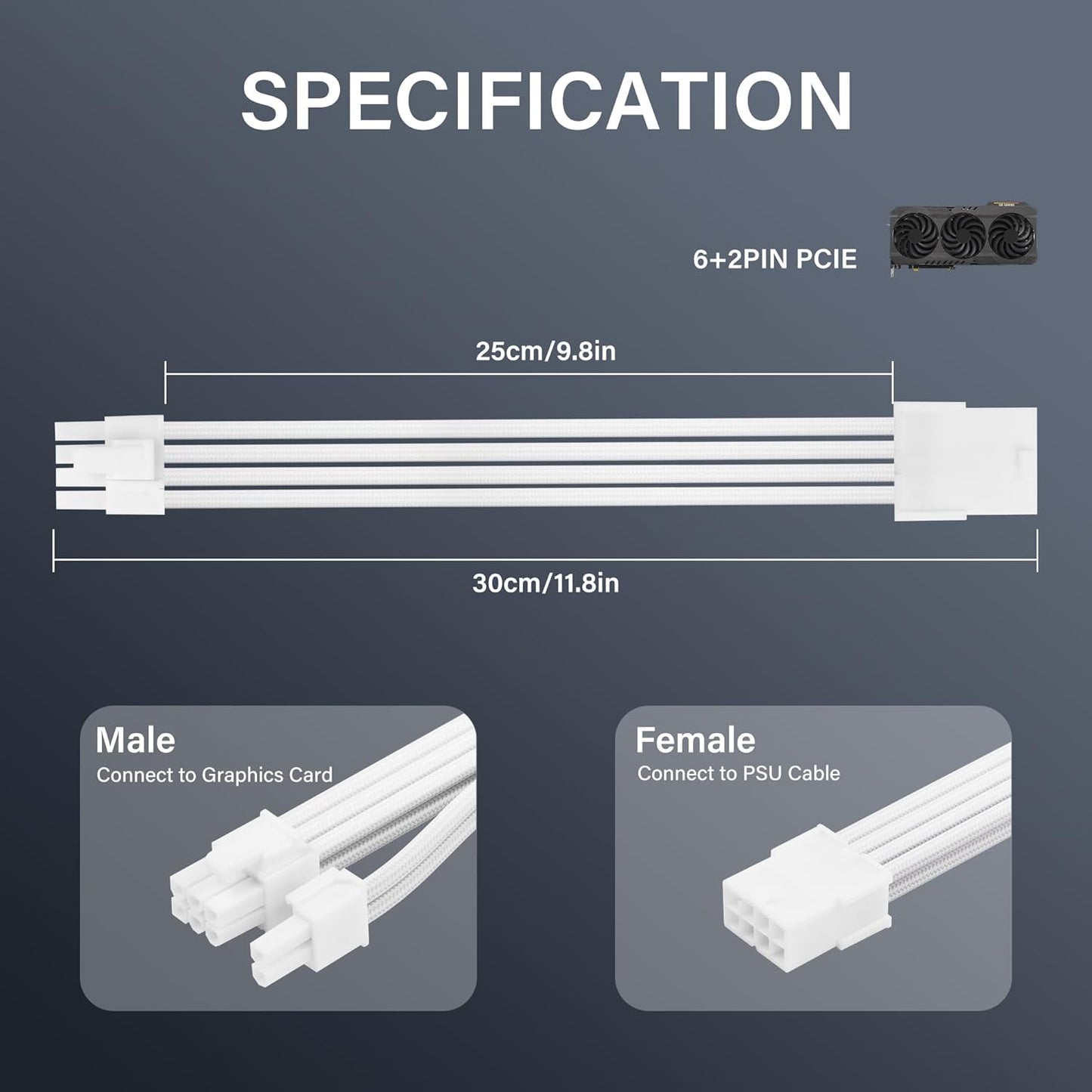 ELFJMZP 2PCS ATX 8PIN Famale to ATX 8PIN(6+2) Male Black Extension Cable Adaptor for PC Build High-End GPU Cable Layout - 30cm/11.8 in. (Black)