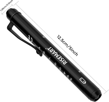 RISEMART Pen Lights for Nurses, 2 Pack Reusable Medical Light with Pupil Gauge and Ruler, White Light LED Penlight for Student Doctors EMT (Black/White)