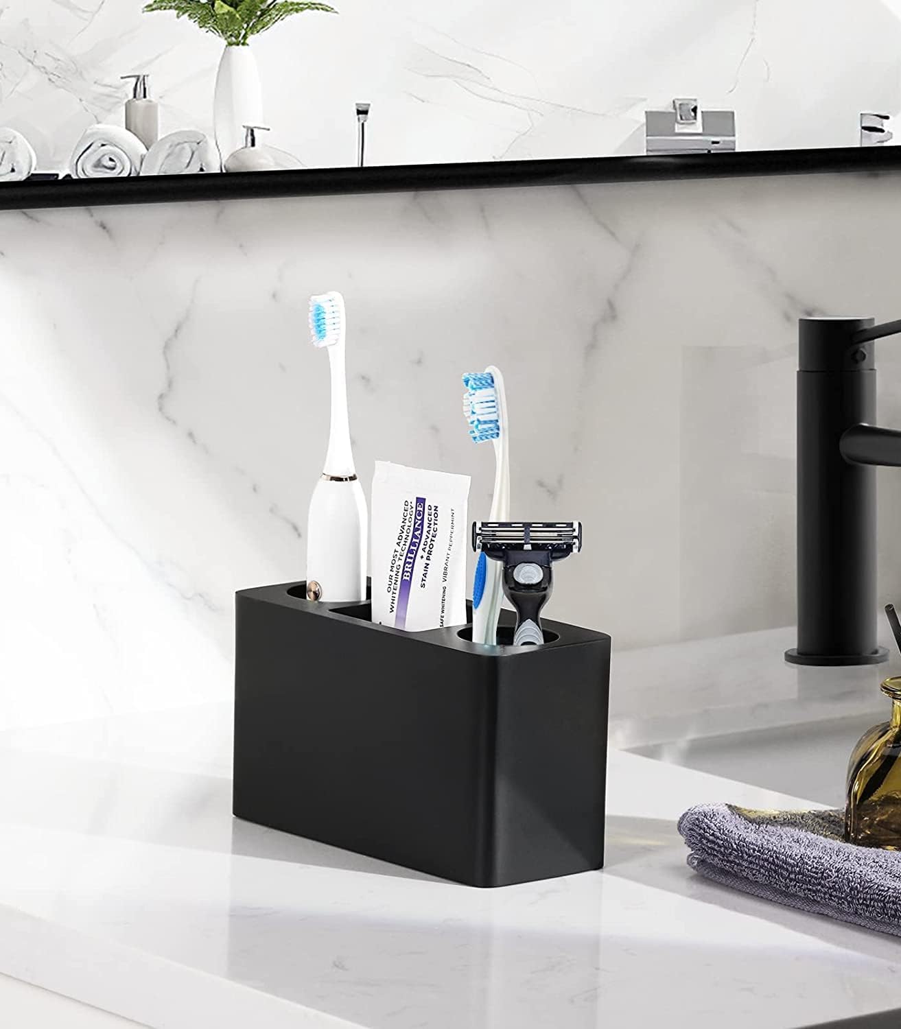 Black Resin Toothbrush Holder with 3 Slots, Electric Toothbrush and Toothpaste Countertop Organizer for Bathroom Vanity - PuriLite