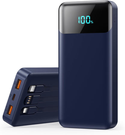 Power Bank 40800mAh Portable Charger with 3 Built-in Cable,25W PD USB C in&Out Power Bank Fast Phone Charging,QC4.0 LED Display Portable Battery Pack Compatible with iPhone 16/15,Samsung Android-Black