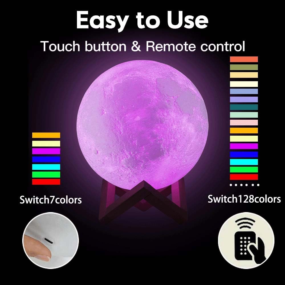 CPLA Moon Lamp Upgrade 128 Colors, 5.9inch/ 15cm 3D Night Light Wooden Stand & Remote/Touch Control and USB Rechargeable, Gifts for Women Girls Boys Girlfriend Birthday