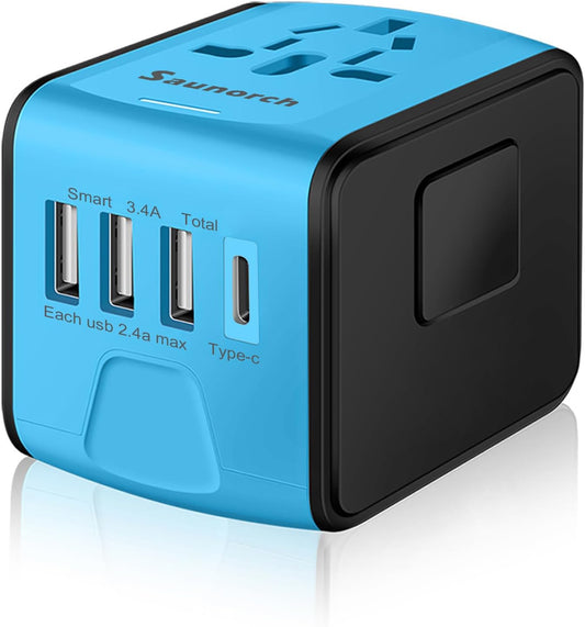 Universal Travel Power Adapter Worldwide – International Plug Adapter with USB-C and 3 USB-A Ports, 5-in-1 Wall Charger for Europe, UK, US, Australia, Asia (Blue) - PuriLite