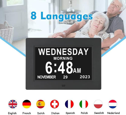 [2025 Newest] Digital Day Calendar Clocks 3 Medicine Reminders Extra Large 8 Inch Non-Abbreviated Day Date Month Dementia Senior Clock for Eldarly Memory Loss Vision Impaired Clock