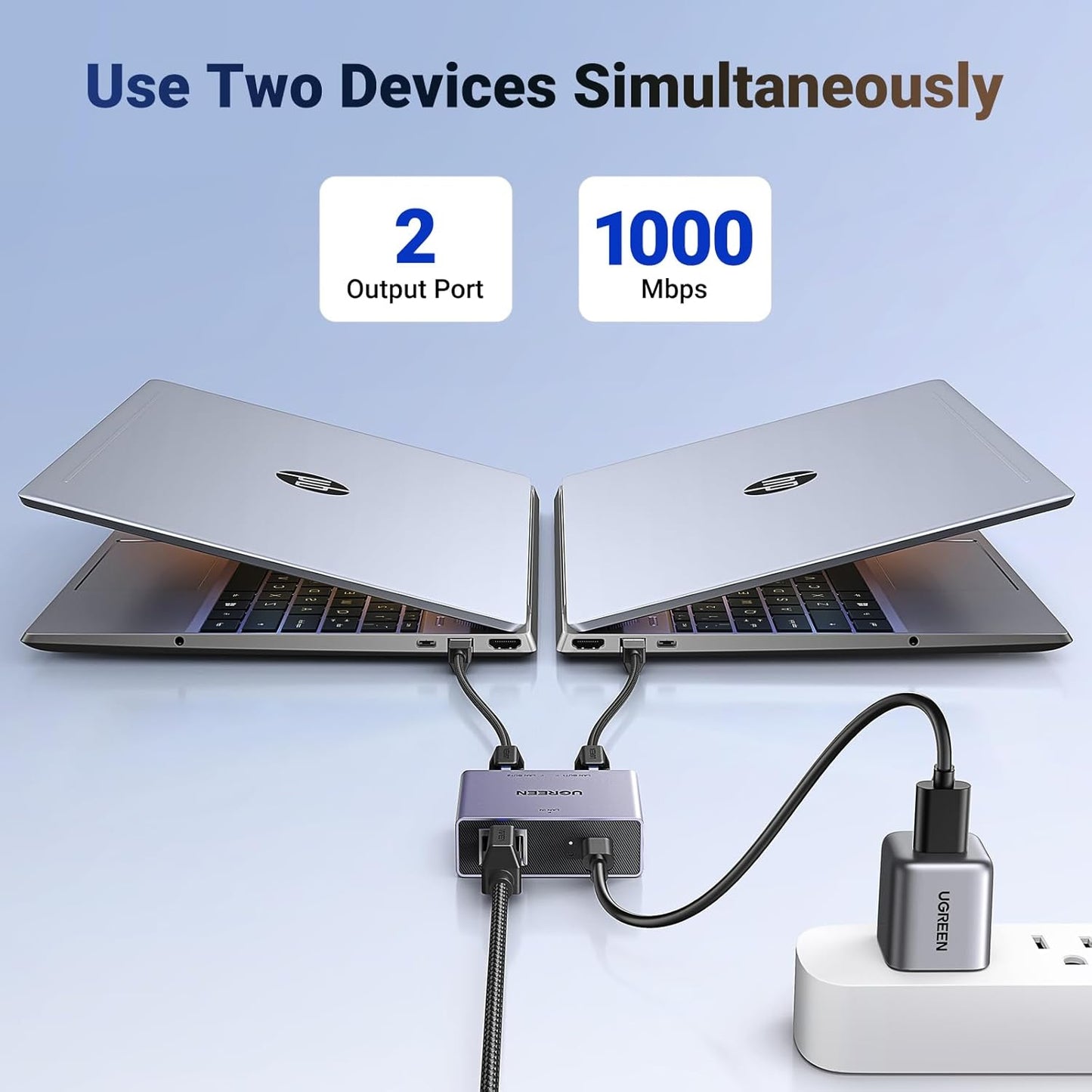 UGREEN Ethernet Splitter Aluminum 1 in 2 Out High Speed 1000Mbps, Gigabit Network LAN Splitter Plug and Play for Laptop, TV Compatible with Cat 8,7,6,5e,5 Ethernet Cable