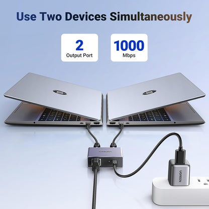 UGREEN Ethernet Splitter Aluminum 1 in 2 Out High Speed 1000Mbps, Gigabit Network LAN Splitter Plug and Play for Laptop, TV Compatible with Cat 8,7,6,5e,5 Ethernet Cable