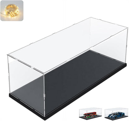 Thickened Clear Acrylic Display Case for Lego 10330 43268 76450 42170 10295 10353 Collectibles, Transparent Box Dustproof Protection with Wood-Plastic Base & String Light, Black Inside 40x20x20cm