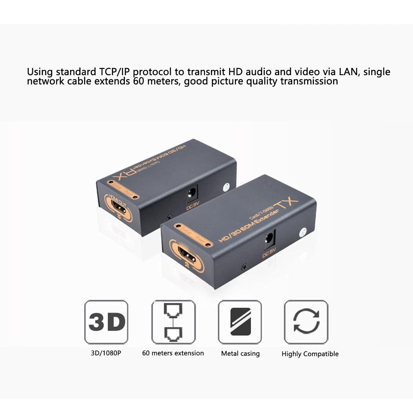 HD Multimedia Interface Extender, 1080P Full HD 60Hz 3D HD Video Extender with EDID Copy Function, Single Cat 6 7 5688 DC 5V Port, Video Output Device (US Plug)