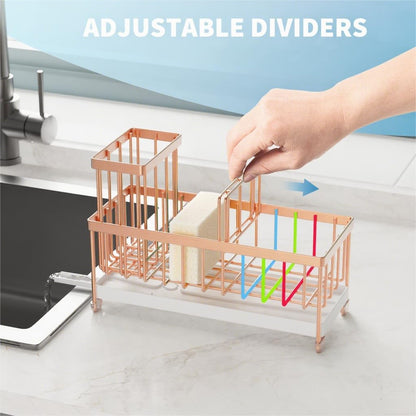 Cisily Sponge Holder for Kitchen Sink, Sink Caddy with High Brush Holder, Organzier Rustproof 304 Stainless Steel Dish Organizer Divider, Soap Dispenser Storage (Black)