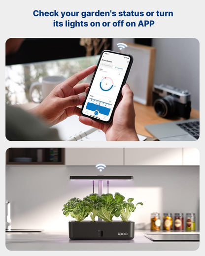 iDOO Hydroponics Growing System Kit 12Pods, Christmas Gifts for Women Men, Herb Garden Indoor with LED Grow Light for Home, Built-in Fan, Auto-Timer, Adjustable Height Up to 11.3", 12Pods WiFi-Black
